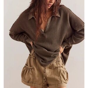 Free People Travis Polo Waffle Knit Tunic Dark Green Size XS
